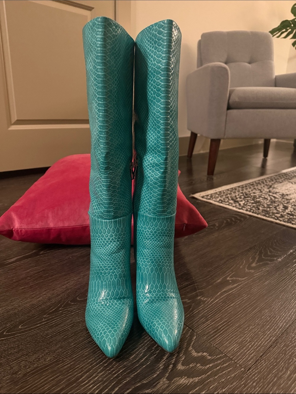Teal Snake-Embossed Over-the-Knee Boots